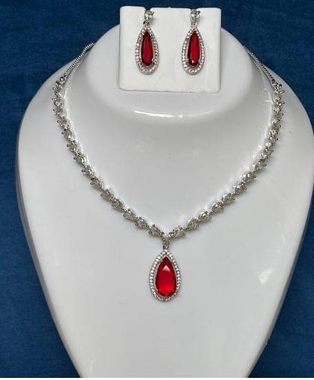 Premium Allia inspired American Diamond and Ruby Red Stone Necklace Set view 3