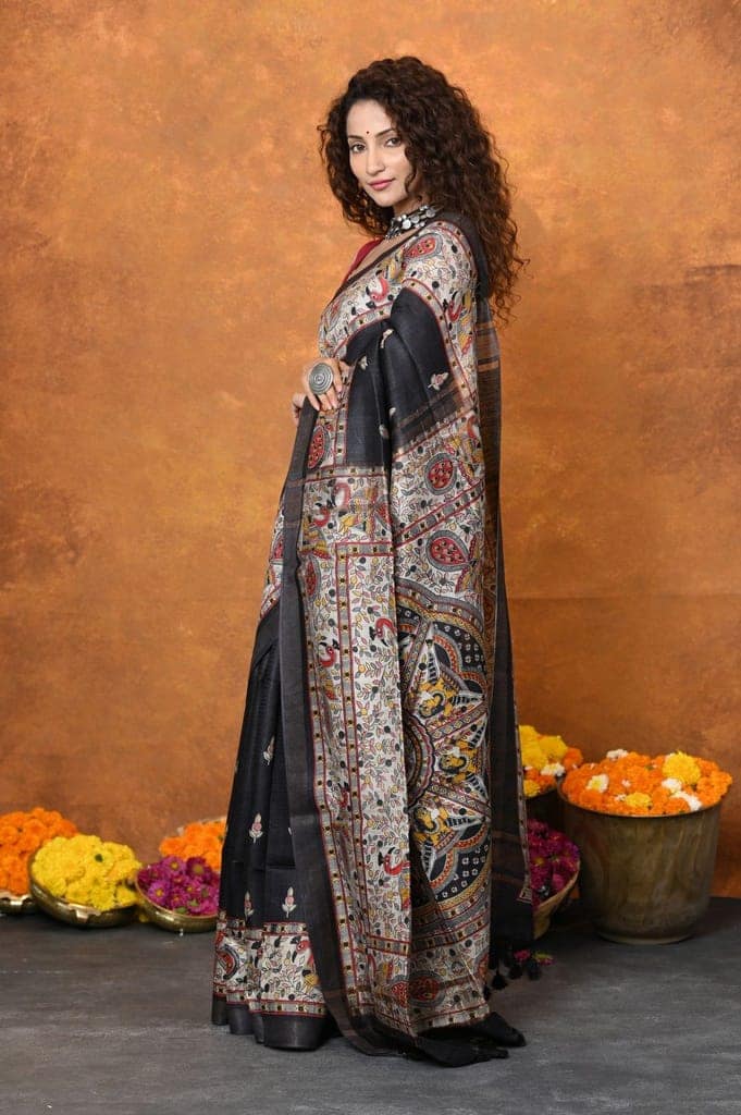 Designed By VMI~ Handloom Pure Tussar Silk Saree With Beautiful Madhubani Print view 2