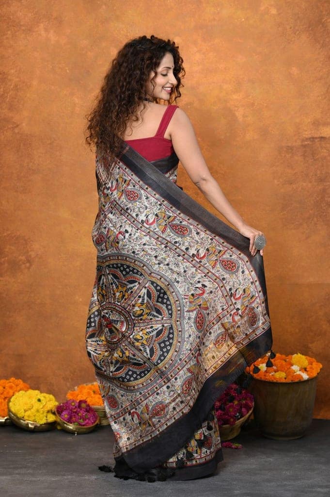 Designed By VMI~ Handloom Pure Tussar Silk Saree With Beautiful Madhubani Print view 3