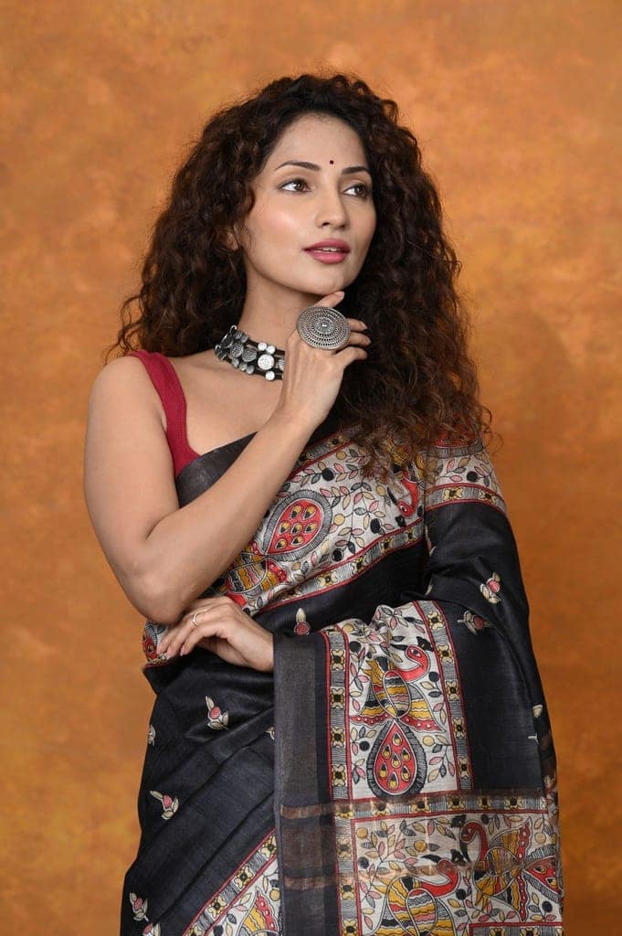Designed By VMI~ Handloom Pure Tussar Silk Saree With Beautiful Madhubani Print view 4