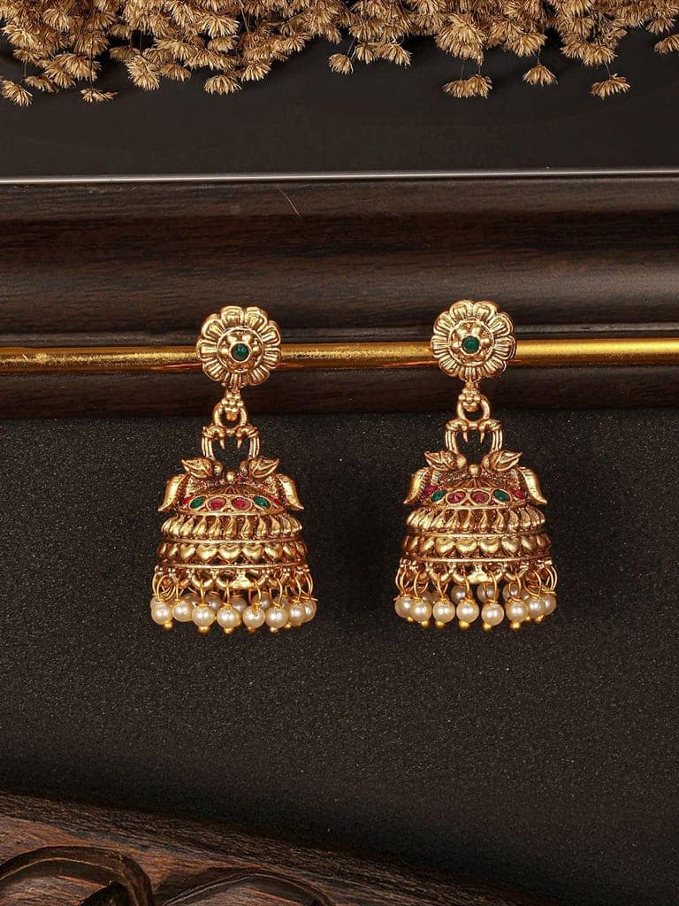 Gold Finish Green Kempo Studded Peacock Design Temple Jhumka Earrings