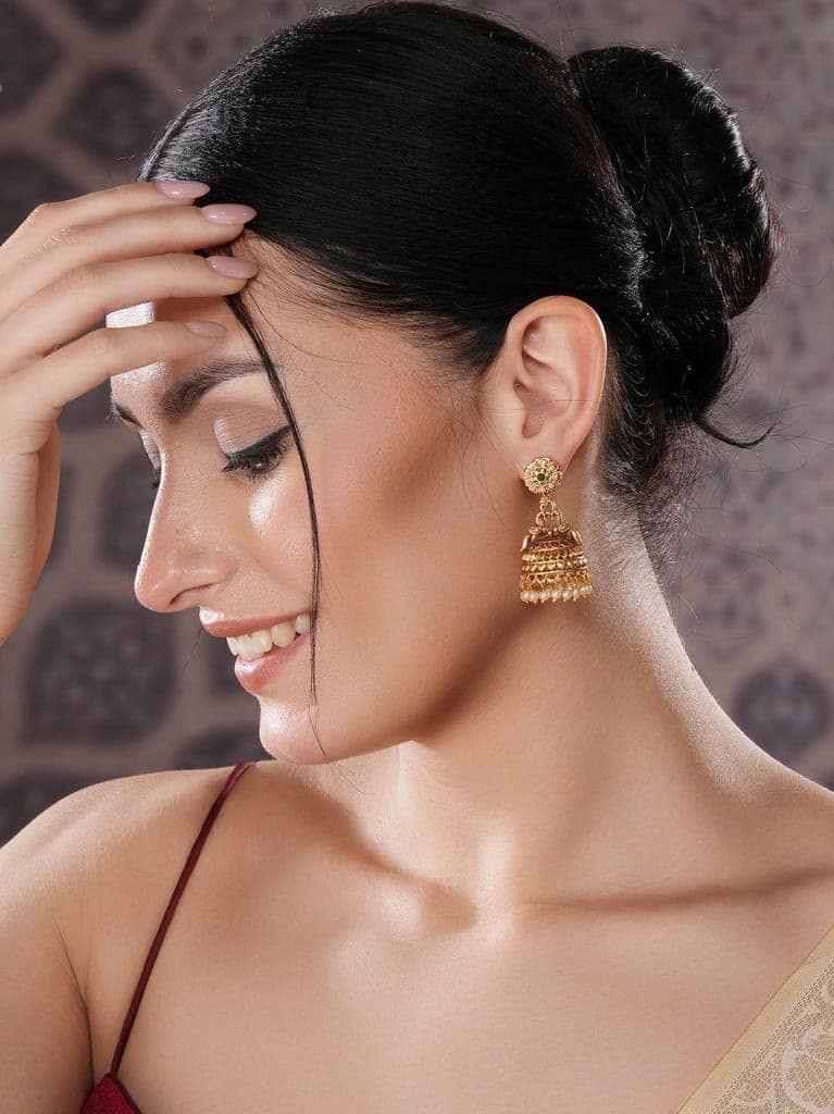 Gold Finish Green Kempo Studded Peacock Design Temple Jhumka Earrings view 2