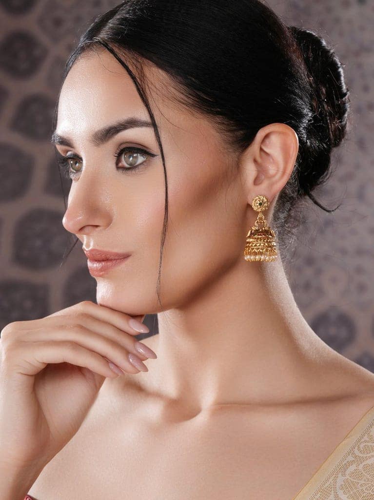 Gold Finish Green Kempo Studded Peacock Design Temple Jhumka Earrings view 3