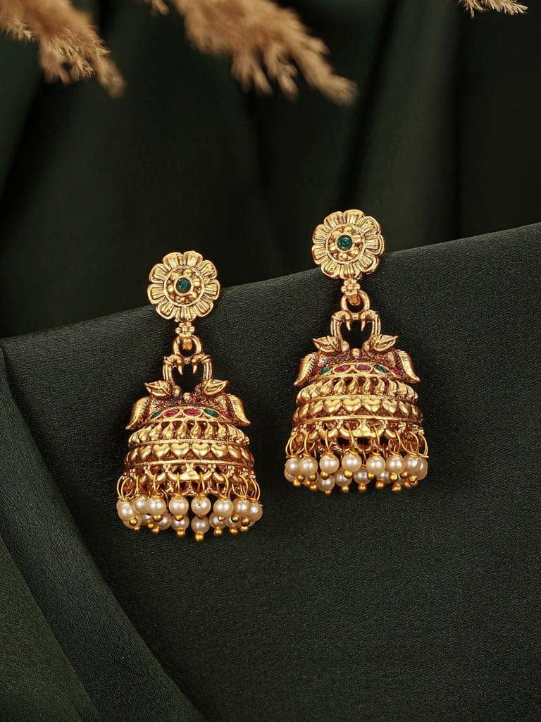Gold Finish Green Kempo Studded Peacock Design Temple Jhumka Earrings view 4