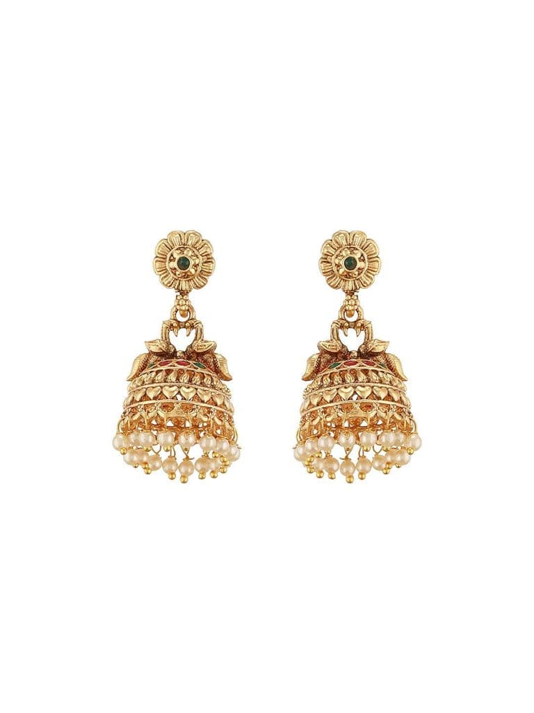 Gold Finish Green Kempo Studded Peacock Design Temple Jhumka Earrings view 6