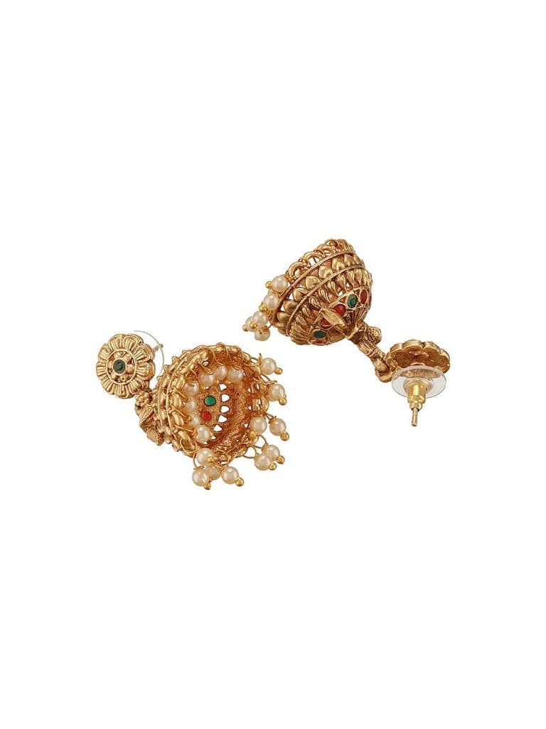 Gold Finish Green Kempo Studded Peacock Design Temple Jhumka Earrings view 7
