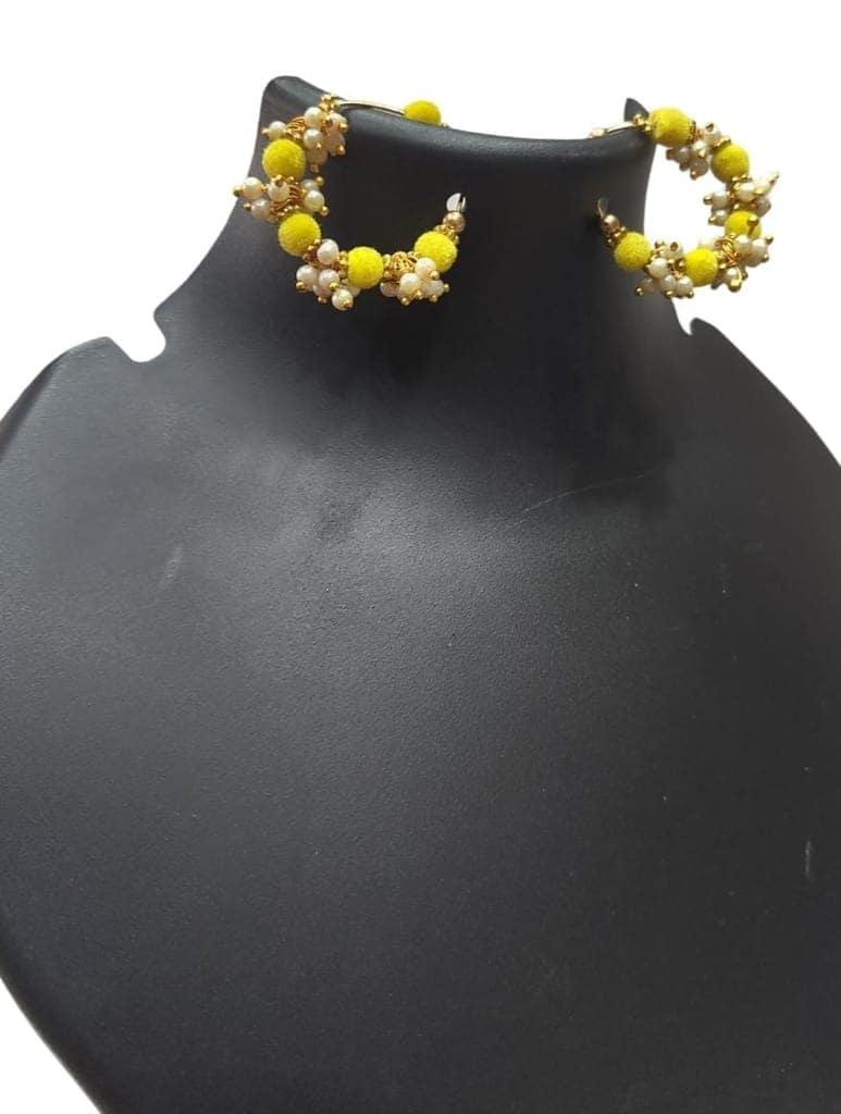 Designer Yellow Velvet Pearl Hoop Earrings view 2
