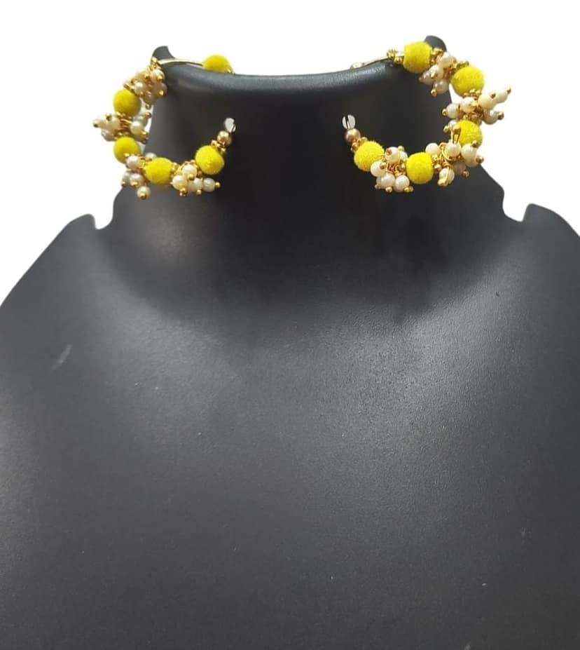 Designer Yellow Velvet Pearl Hoop Earrings view 3