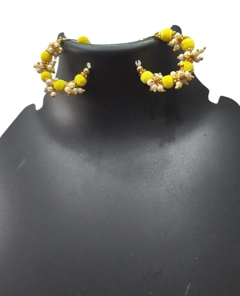 Designer Yellow Velvet Pearl Hoop Earrings view 4
