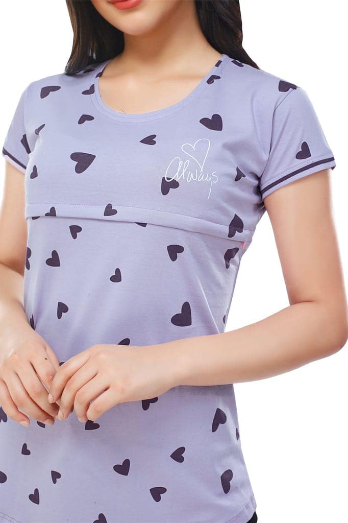 ZEYO Women Cotton Violet Heart Print Maternity & Feeding Top view 2