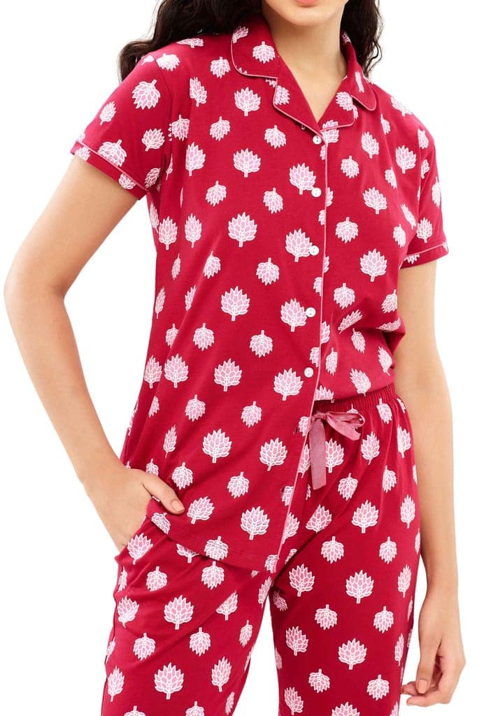 ZEYO Women's Cotton Navy Blue Leaf Printed Night suit set view 2