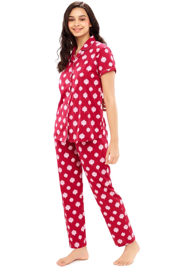 ZEYO Women's Cotton Navy Blue Leaf Printed Night suit set view 3