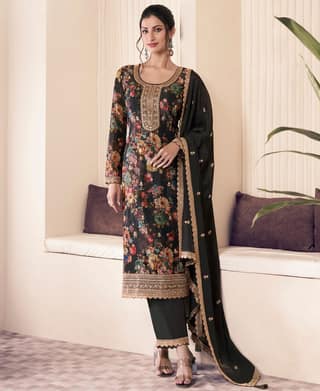 Floral Printed Magenta Long Suit for Women (Chinon Fabric)