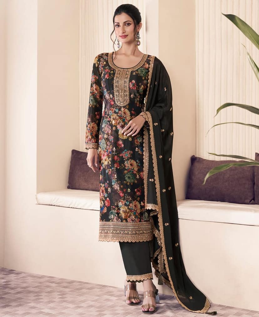 Floral Printed Magenta Long Suit for Women (Chinon Fabric)