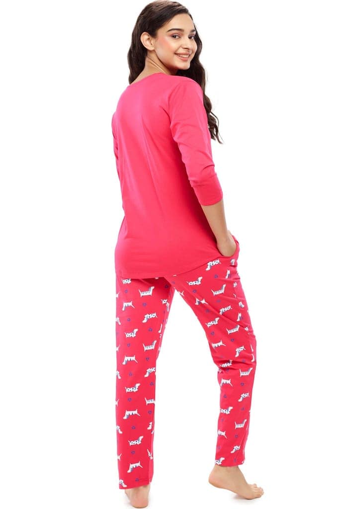 ZEYO Women's Cotton Pink Dog Animal & Heart Printed Night suit set view 4