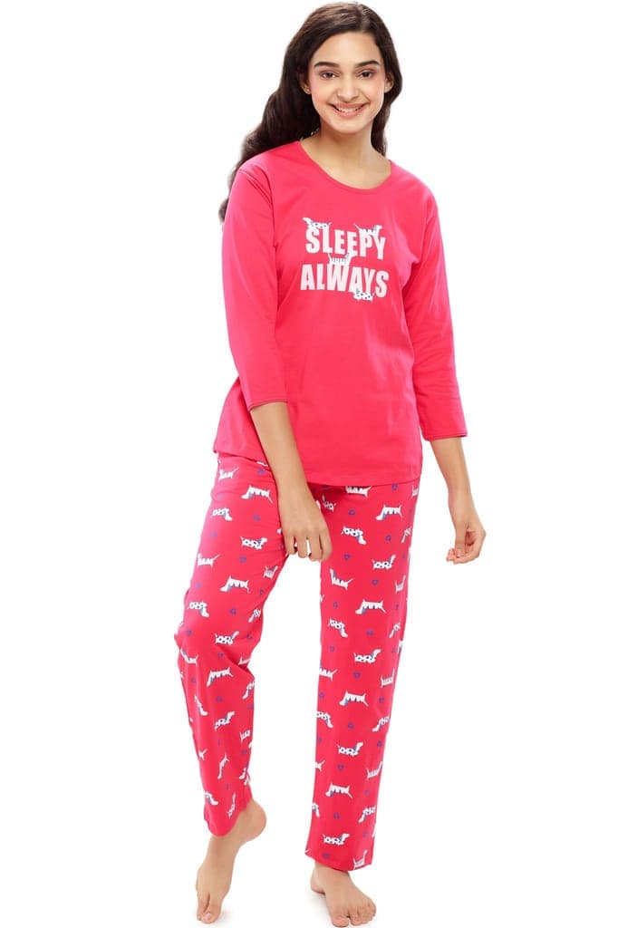 ZEYO Women's Cotton Pink Dog Animal & Heart Printed Night suit set view 5