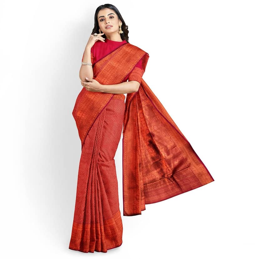 Red Color Double Shaded Zari Woven Saree with Unstitched Blouse view 2