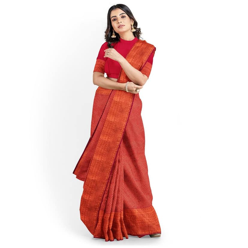 Red Color Double Shaded Zari Woven Saree with Unstitched Blouse view 3