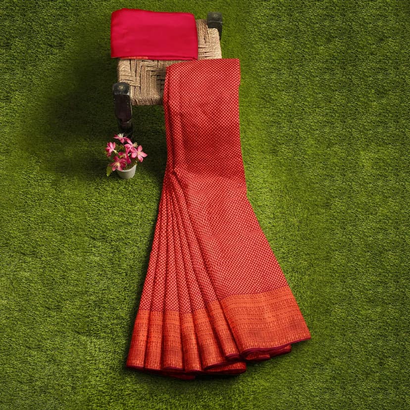 Red Color Double Shaded Zari Woven Saree with Unstitched Blouse view 4