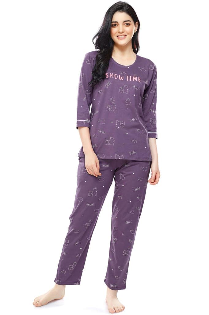 ZEYO Women's Cotton Blue Bear Printed Stylish Night suit set view 5