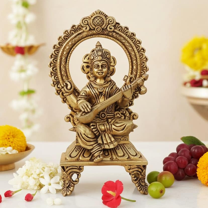 Brass Saraswati Ji Idol Statue - Traditional Decorative Murti, Height : 9.5 Inch (BSMAS1540 E)