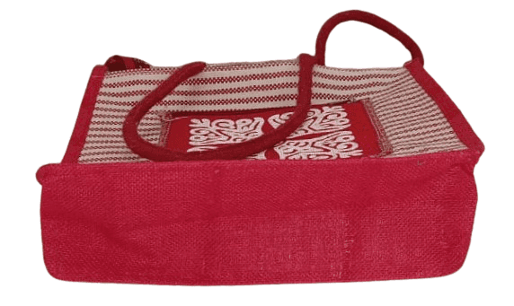 Red and White Striped Jute Tote Bag with Embroidered Flower view 2