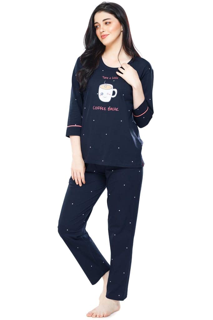 ZEYO Women's Cotton Navy Blue Dot Printed Stylish Night suit set view 4