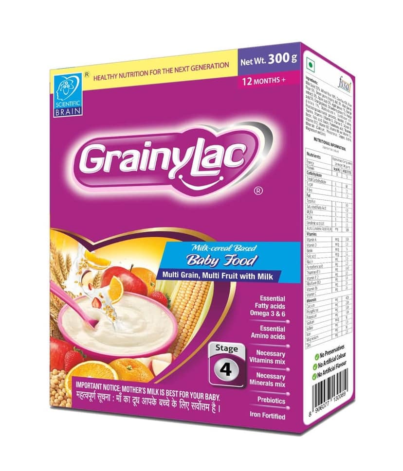 GrainyLac| Multi Grain Multi Fruit with Milk| For Children 12 Months & Above| Easy to Digest| Goodness of Apple, Strawberry, Banana, Orange|(Pack of 2)