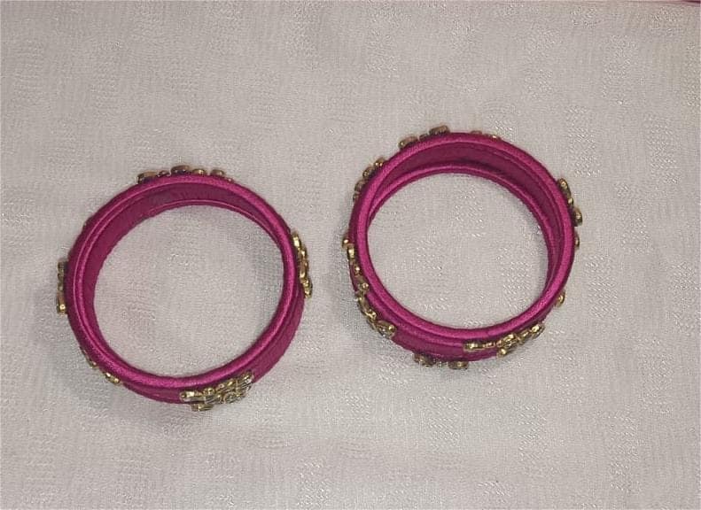 Indian Ethnic Fuchsia Pink Silk Thread Bangle Set with Rhinestone for Women and Girls view 2