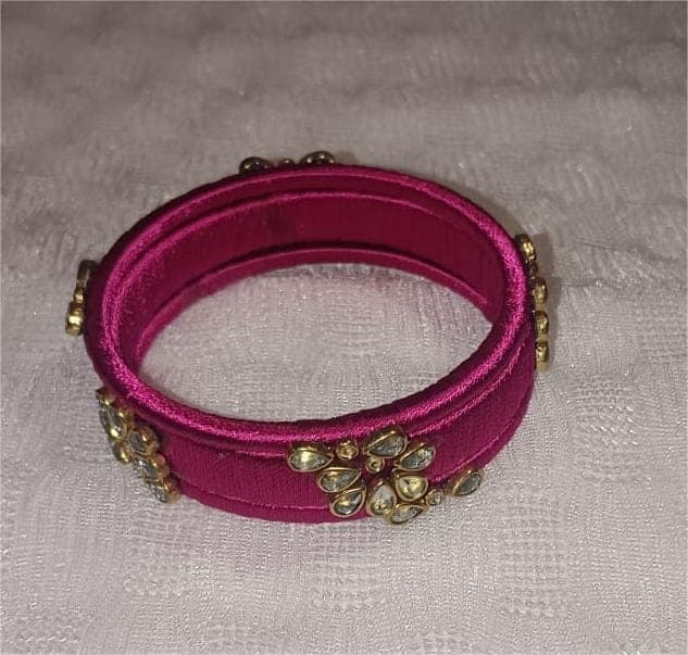 Indian Ethnic Fuchsia Pink Silk Thread Bangle Set with Rhinestone for Women and Girls view 3