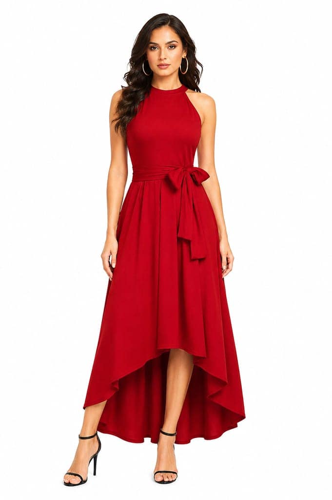 LICOLA Women & Girls Halter Neck High Low Maxi Dress with Waist Tie | Stylish One Piece Long Gown for Women | Sleeveless Western Dress for Women Party Wear & Casual