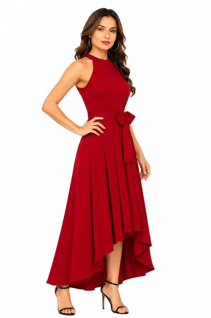 LICOLA Women & Girls Halter Neck High Low Maxi Dress with Waist Tie | Stylish One Piece Long Gown for Women | Sleeveless Western Dress for Women Party Wear & Casual view 2