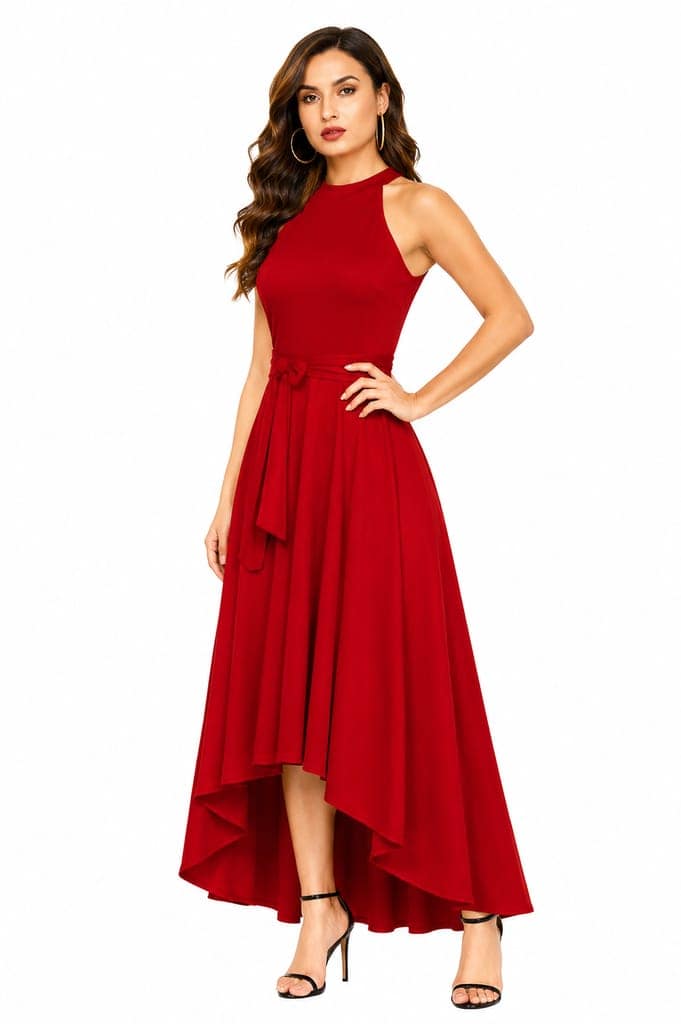 LICOLA Women & Girls Halter Neck High Low Maxi Dress with Waist Tie | Stylish One Piece Long Gown for Women | Sleeveless Western Dress for Women Party Wear & Casual view 3