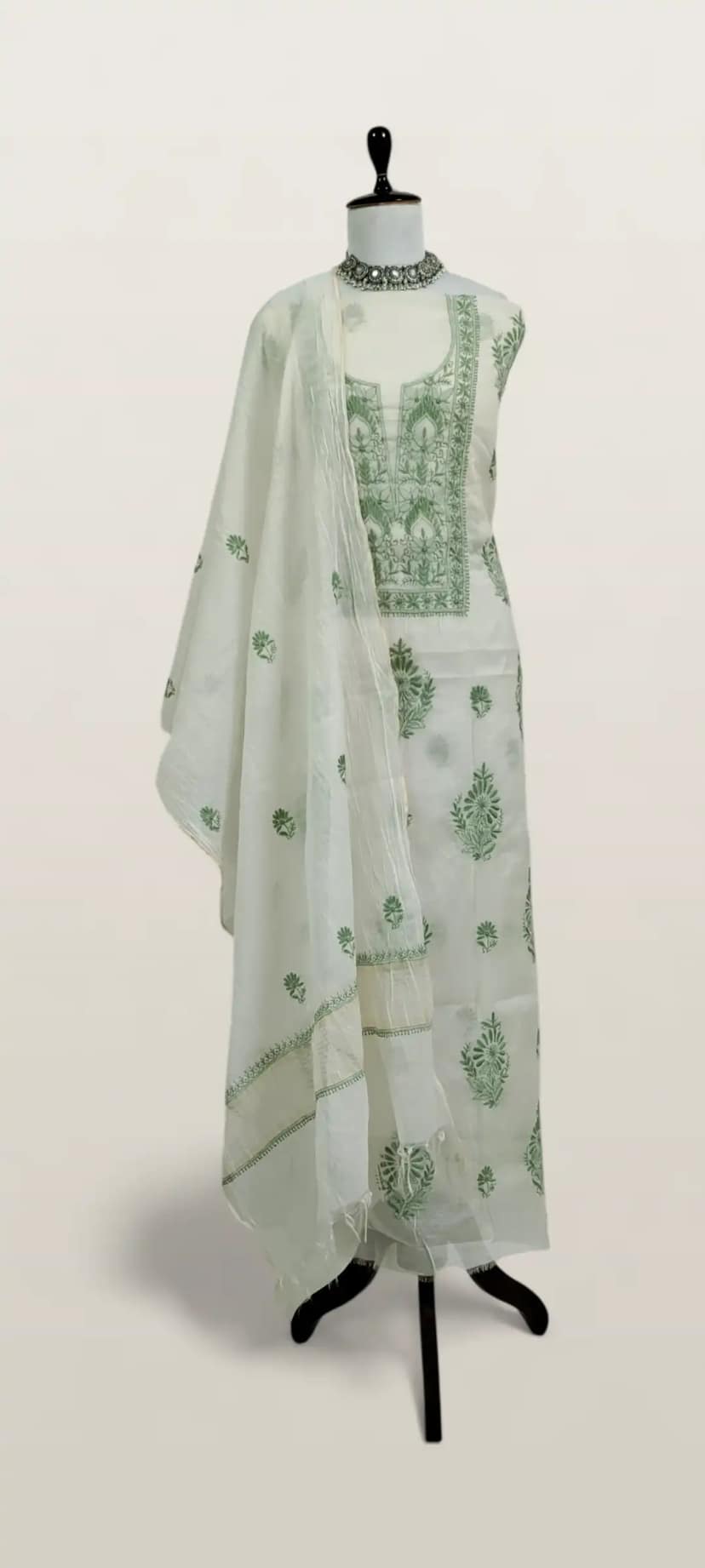 Chikankari Mul Chanderi Dress Material White Green Floral