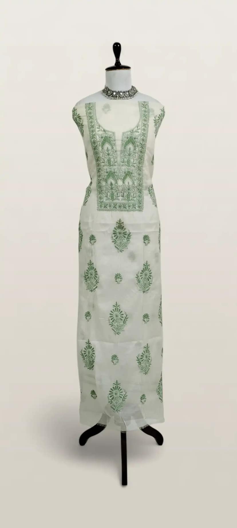 Chikankari Mul Chanderi Dress Material White Green Floral view 2