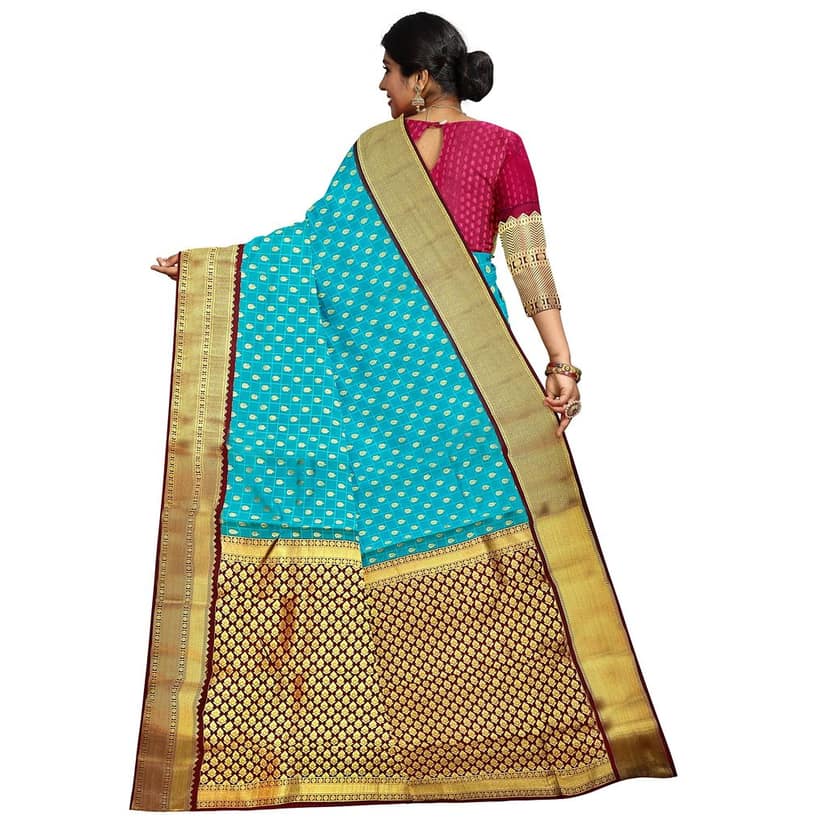 Bright Blue Color Small Checkered Korvai Saree Has Contrast Pallu and Border with Unstitched Blouse view 2