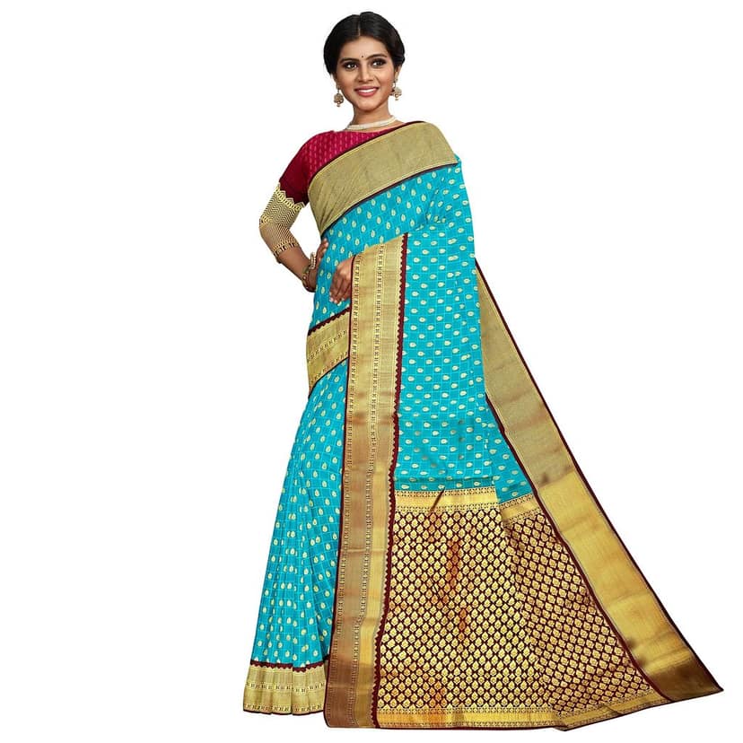 Bright Blue Color Small Checkered Korvai Saree Has Contrast Pallu and Border with Unstitched Blouse view 3