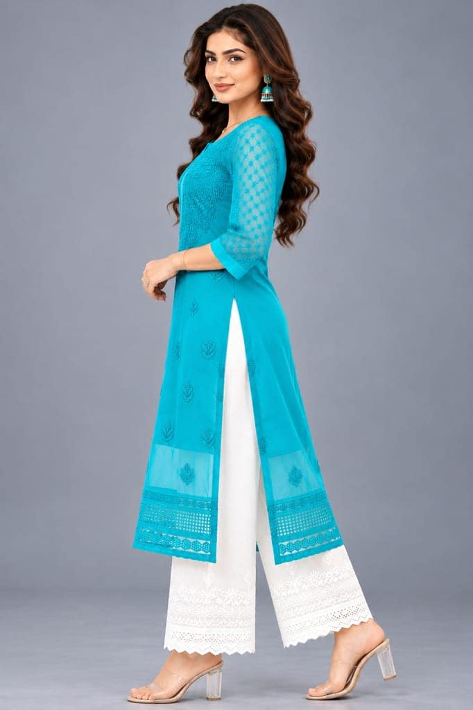 Handcrafted Lucknowi Chikankari Embroidered Fox Georgette Long Kurta with Sheer Floral Sleeves, Back Embroidery & Decorative Lace Border, 46 Inch Length view 3
