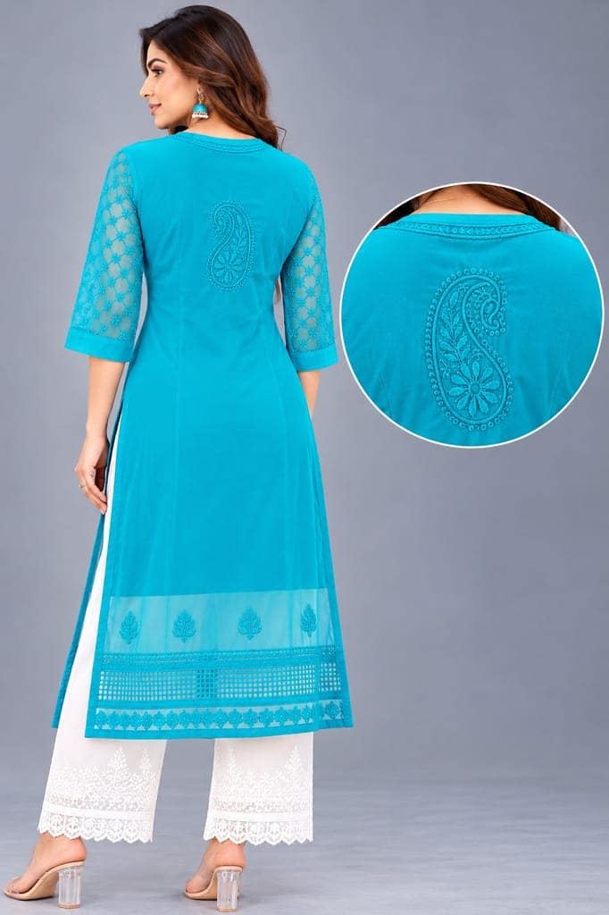 Handcrafted Lucknowi Chikankari Embroidered Fox Georgette Long Kurta with Sheer Floral Sleeves, Back Embroidery & Decorative Lace Border, 46 Inch Length view 4