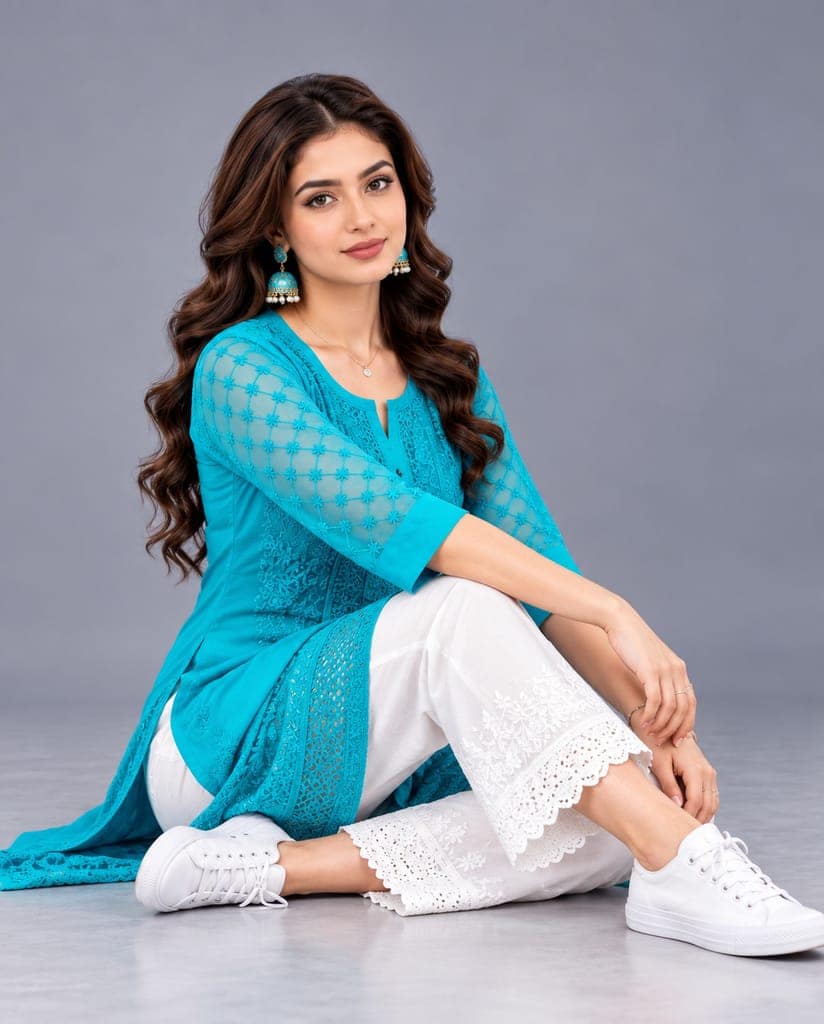 Handcrafted Lucknowi Chikankari Embroidered Fox Georgette Long Kurta with Sheer Floral Sleeves, Back Embroidery & Decorative Lace Border, 46 Inch Length view 5