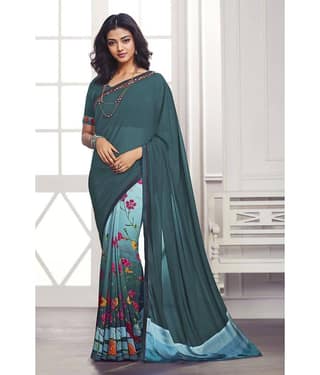 BLEESBURY Georgette Printed Saree With Unstitched Blouse Piece ( Navy Blue )