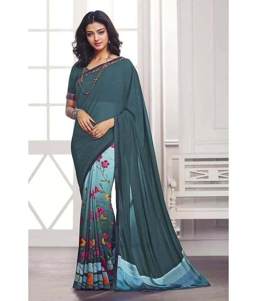 BLEESBURY Georgette Printed Saree With Unstitched Blouse Piece ( Navy Blue )