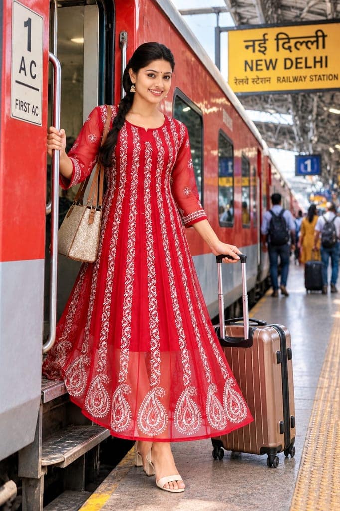 Mrs Right Women’s Lucknowi Chikankari Anarkali Kurta in Soft Georgette | Handcrafted Floral Embroidery | 3/4 Sleeves | 45 Inch Length | 74 Inch Flare | Festive Ethnic Wear view 5
