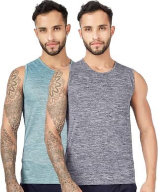 BLUEFICUS Men's GymVest Workout and Muscle Tank Top for Bodybuilding Running Weight Lifting Made by Dryfit Polyester Fabric (Grey & Green) (Pack of 2)