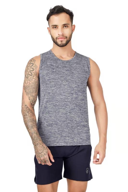 BLUEFICUS Men's GymVest Workout and Muscle Tank Top for Bodybuilding Running Weight Lifting Made by Dryfit Polyester Fabric (Grey & Green) (Pack of 2) view 2