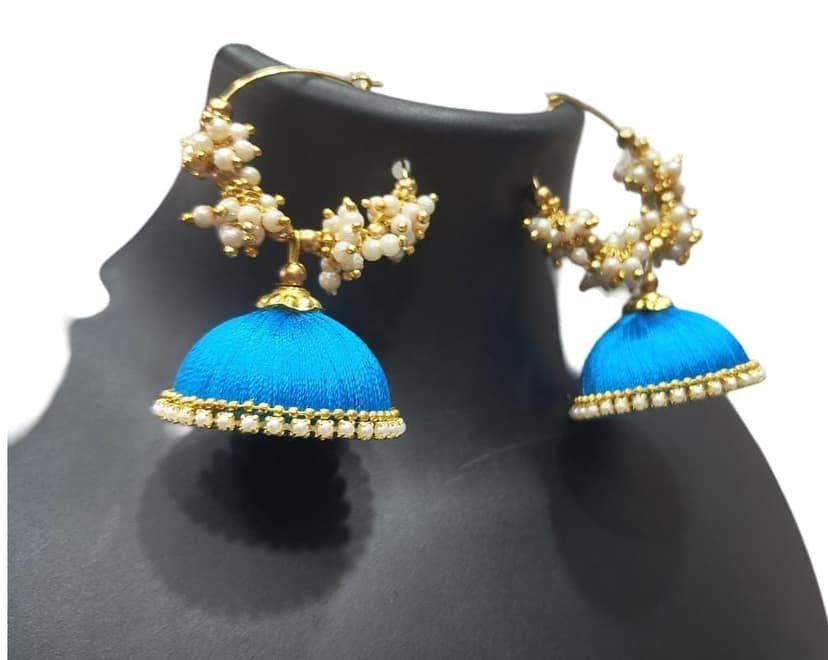 Buy Blue Silk Thread Jhumka Earrings with Pearls Online at Best Price in India view 2