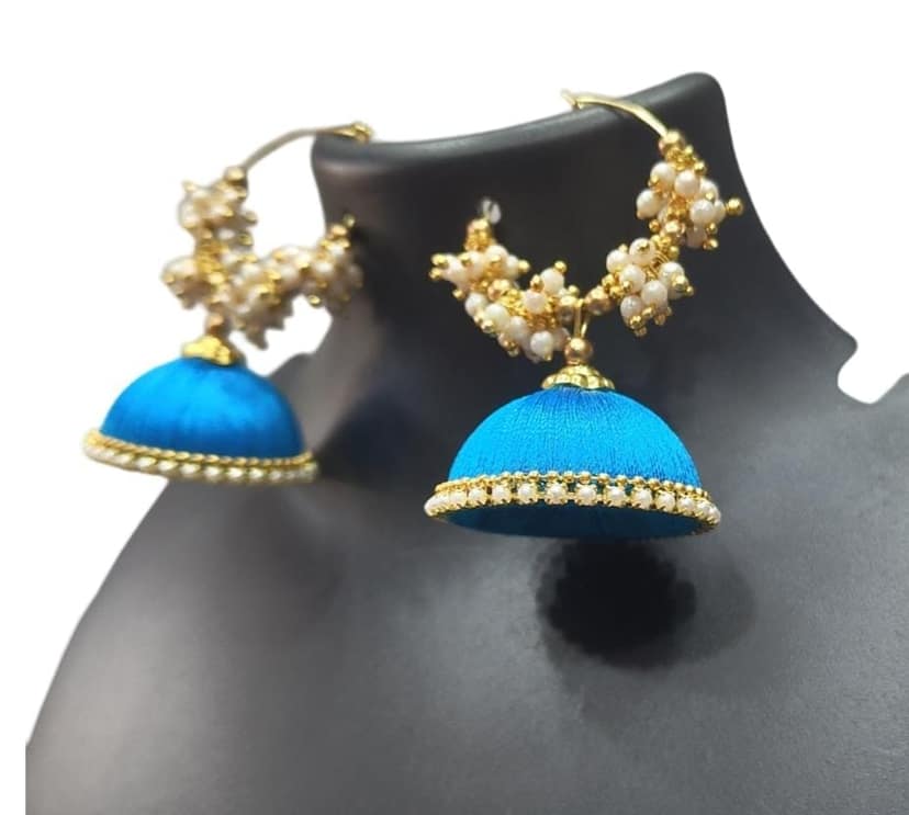 Buy Blue Silk Thread Jhumka Earrings with Pearls Online at Best Price in India view 3