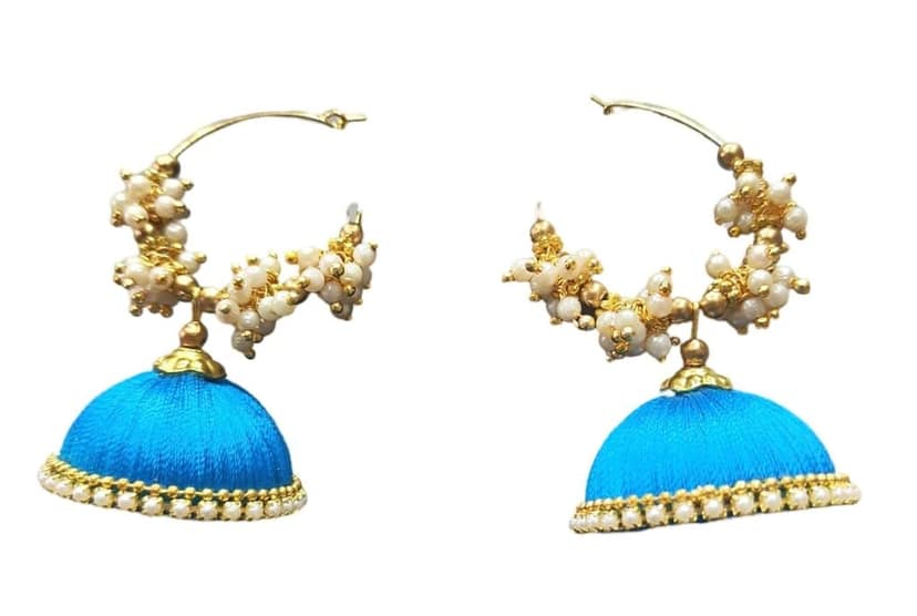 Buy Blue Silk Thread Jhumka Earrings with Pearls Online at Best Price in India view 4