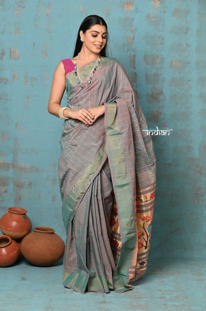 Tyohaar ~ Handloom Pure Cotton Paithani With Peacock Lotus Pallu & All Over Lining ~ Dual Tone Powder Blue view 2