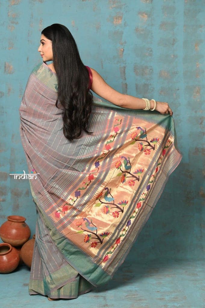 Tyohaar ~ Handloom Pure Cotton Paithani With Peacock Lotus Pallu & All Over Lining ~ Dual Tone Powder Blue view 3